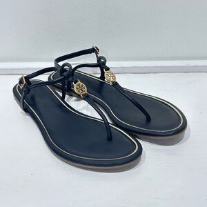 Tory Burch Women’s Emmy Black Leather Thong Sandals Adjustable Buckle Size 7–7.5